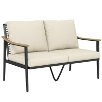 Outsunny 2 Seater Rattan Sofa, Outdoor Garden Sofa with Wood-Effect Armrests, Cushions for Patio, Balcony, Khaki(m-1)