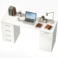 HOMCOM Scrivania per Computer con 4 Cassetti e Armadietto per Studio, 140x48x75 cm, Bianco(m-6)