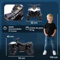 AIYAPLAY Quad Elétrico Infantil 6V Quad para Crianças dos 37 aos 72 Meses Velocidade até 3 km/h Faróis e Música 70x42x45 cm Branco(m-3)