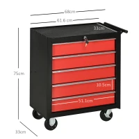 HOMCOM 5-Drawer Tool Chest with Wheels, Steel Lockable Tool Storage Cabinet with Handle, 2 Keys for Garage, Workshop, Red(m-3)