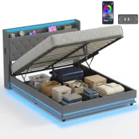 HOMCOM 5ft King Bed Frame with Headboard, Platform Bed Frame with Hydraulic Storage, LED Lights and Charging Station, Grey(m-10)