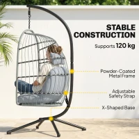 Outsunny Hanging Egg Chair, Indoor Outdoor Hammock Swing Chair with Stand, Safety Strap, Foldable Basket, Light Grey(m-4)