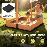 AIYAPLAY Kids Sand Pit with Lid, Wooden Sandpit with Canopy, Foldable Picnic Table, Bench Seats, Bottom Liner for Patio Garden(m-7)