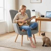 HOMCOM Modern Accent Chair, Upholstered High Back Armchair with Tufted Wingback, Seat Padding, Velvet Leisure Lounge Bedroom Chair with Wood Legs, Grey(m-2)