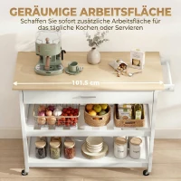 HOMCOM Küchenwagen mit Stauraum, Rollende Kücheninsel mit großer Arbeitsplatte, Schublade, 2 offenen Regalen, Handtuchhalter, Weiß(m-4)