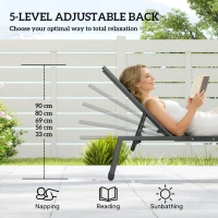 Outsunny Sun Loungers Set of 2 with Side Tray Table, Garden Recliners with 5-Position Adjustable Backrest, 2 Wheels, Grey(m-5)