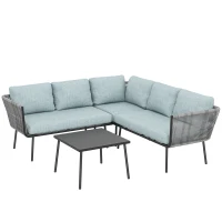 Outsunny Conjunto de Muebles de Ratán de Exterior Sofá de Esquina con Cojines y Mesa de Centro para Terraza Patio Azul Claro(m-1)