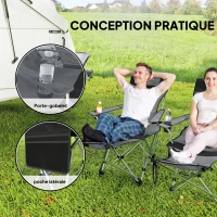 Outsunny Lot de 2 chaises de camping pliante inclinable avec repose-pieds, sac de rangement, porte-gobelet et appui-tête, gris(m-5)