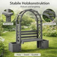Pergola-Bank mit Pflanzkästen und geschwungenem Rankgitter, dreifach-Funktion: Sitzbank, Pflanzkübel und Rankhilfe, 160 x 30,5 x 160 cm, Grau(m-7)