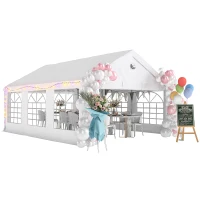 Outsunny Carpa para Fiestas 4x6 m Carpa de Jardín con Luces LED Paredes Extraíbles 2 Puertas y Ventanas UPF30+ para Boda Blanco(m-10)