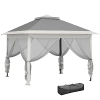 Outsunny Faltpavillon, Gartenpavillon, Metall und Stoffplane, Netzvorhänge, Entwässerungslöcher, 330L x 330B x 288H cm, Grau(m-11)
