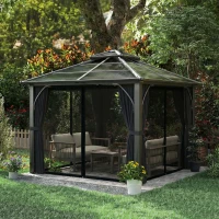 Outsunny 2.5 x 2.5 m Hardtop Gazebo Canopy with 7mm PC Roof, Garden Gazebo Permanent Pavilion with Netting, Curtains, Dark Grey(m-9)