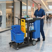 HOMCOM Carrinho de Limpeza Carrinho Móvel com 3 Prateleiras Saco de Lixo de 70 L Balde com Prensa para Esfregão Azul(m-2)