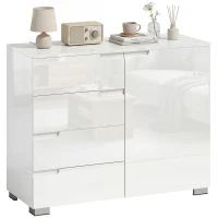 HOMCOM Aparador alto brilho, buffets moderno com 4 gavetas, armário de cozinha com fecho suave, branco(m-6)