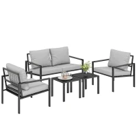 Outsunny 5 Piece Metal Garden Furniture Sofa Set with Thickened Cushions, Loveseat, 2 Armchairs, 2 Coffee Tables, Light Grey(m-10)