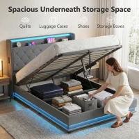 HOMCOM 4ft6 Double Bed Frame with Headboard, Platform Bed Frame with Hydraulic Storage, LED Lights and Charging Station, Grey(m-4)