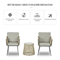 Outsunny Set de Exterior cu Măsuță din Sticlă și 2 Scaune de Grădină din Ratan Stil Boho, Cafea(m-5)