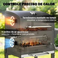 Outsunny Churrasqueira de Carvão Portátil com Grelha em Aço Inoxidável, Prateleira Lateral, Termómetro, Bandeja e Rodas, Preto(m-5)
