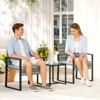 Outsunny Rattan Bistroset, 3 teiliges Gartenmöbel-Set mit 2 Gartenstühlen, Couchtisch, abnehmbar Kissen Hellgrau(m-2)