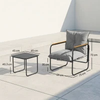 Outsunny 3-teiliges Garten Bistro Set Bistrotisch mit 2 Stühlen Glastisch Netz-Sitz dicken Kissen Holzoptik, Atmungsaktiv(m-3)
