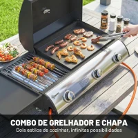 Outsunny Barbecue a Gás BBQ com 3 Queimadores 7,5 kW com Grelha Placa Prateleira Lateral Conversível Termómetro Preto(m-4)