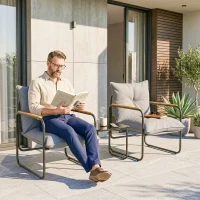 Outsunny Conjunto Bistrô para Jardim 3 peças Mesa Bistrô com 2 Cadeiras Tampo de Vidro Assento em Rede Almofadas Grossas Efeito Madeira Respirável(m-5)