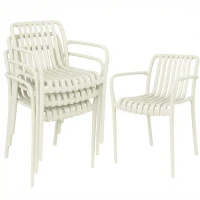 Outsunny Cadeiras de Jardim Conjunto de 4 Cadeiras Empilháveis para Terraço com Design de Lâminas e Apoios de Braço Ergonómicas Creme Branco(m-1)