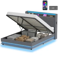 HOMCOM 5ft King Bed Frame with Headboard, Platform Bed Frame with Hydraulic Storage, LED Lights and Charging Station, Grey(m-11)