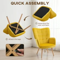 HOMCOM Modern Accent Chair, Upholstered High Back Armchair with Tufted Wingback, Seat Padding, Velvet Leisure Lounge Bedroom Chair with Wood Legs, Yellow(m-6)