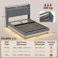 HOMCOM 4ft6 Double Bed Frame with Headboard, Platform Bed Frame with Hydraulic Storage, LED Lights and Charging Station, Grey(m-3)