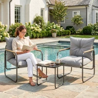 Outsunny Salon de Jardin 3 Pièces, 2 Fauteuils avec Coussins Épais, 1 Table Basse en Verre Trempé, 59x73x72cm, Gris Foncé(m-8)