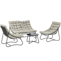 Outsunny 4 Seater Garden Furniture Set, Conversation Set with Loveseat Sofa, Chairs, Glass Coffee Table, Thick Cushions, Steel Outdoor Sofa for Balcony, Poolside, Conservatory, Light Grey(m-1)