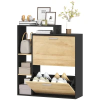 HOMCOM Móvel Porta-sapatos: 2 Gavetas Basculantes, Prateleiras, Preto e Madeira Natural.(m-6)