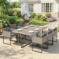 Outsunny 7 Piece Rattan Garden Furniture Set, Garden Dining Set with Wood-Plastic Table and 6 Stackable Chairs, Light Grey(m-2)