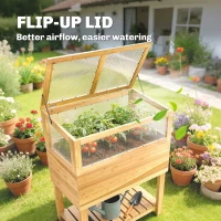 Outsunny Podwyższona grządka z inspektem z drewna, podwyższony doniczkowiec z otwieraną pokrywą, półką, włókniną, ergonomiczny(m-6)