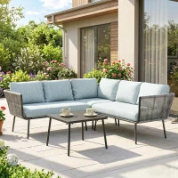 Outsunny Conjunto de Muebles de Ratán de Exterior Sofá de Esquina con Cojines y Mesa de Centro para Terraza Patio Azul Claro(m-2)