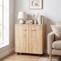 HOMCOM Meuble de Rangement Buffet bas sur roulettes avec 2 Portes étagère Interne 60 x 35 x 65 cm bois naturel(m-6)