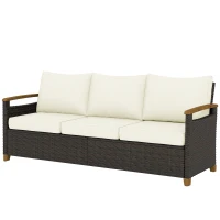 Outsunny Divanetto da Esterno a 3 Posti in Rattan PE con Braccioli Effetto Legno e Cuscini Lavabili, Marrone e Crema(m-10)