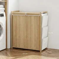HOMCOM Cesto per biancheria in bambù con coperchio 120L con 2 sacche rimovibili e lavabili con cordoncino, tasche laterali, naturale(m-3)
