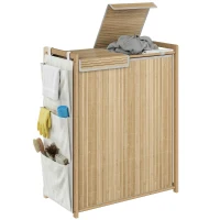 HOMCOM Panier à linge en bambou avec couvercle 120 L con 2 sacs à cordon amovibles et lavables poches latérales naturel(m-6)