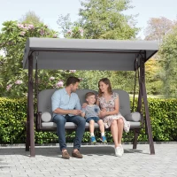 Outsunny 3 Seater Canopy Swing Chair, Outdoor Garden Swing Seat with Adjustable Canopy, Cushions and Cup Trays, Steel Frame, Light Grey(m-8)