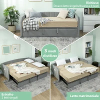 HOMCOM Letto Divano 3 Posti con Lettino Estraibile Convertibile in Letto Matrimoniale,205x186x75 cm, Grigio Chiaro(m-4)