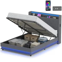 HOMCOM 4ft6 Double Bed Frame with Headboard, Platform Bed Frame with Hydraulic Storage, LED Lights and Charging Station, Grey(m-11)