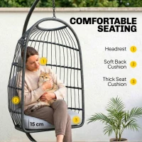Outsunny Hanging Egg Chair, Indoor Outdoor Hammock Swing Chair with Stand, Safety Strap, Foldable Basket, Dark/Light Grey(m-6)