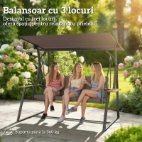 Outsunny Leagăn de grădină cu 3 locuri, cu copertină reglabilă, cadru metalic, suporturi pentru pahare, perne moi, greutate suportată 360 kg, pentru terasă sau balcon, 222x131x175 cm, maro(m-4)