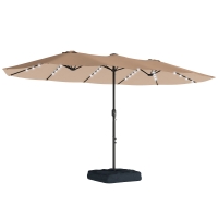 Outsunny Patio Umbrella Double-Sided Outdoor Umbrella with Solar Lights Base, Khaki
