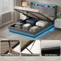 HOMCOM 5ft King Bed Frame with Headboard, Platform Bed Frame with Hydraulic Storage, LED Lights and Charging Station, Grey(m-8)