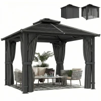 Outsunny 2.5 x 2.5 m Hardtop Gazebo Canopy with 7mm PC Roof, Garden Gazebo Permanent Pavilion with Netting, Curtains, Dark Grey(m-10)