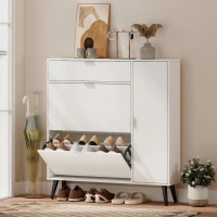 HOMCOM Zapatero estrecho con 2 compartimentos abatibles, armario zapatero con puertas efecto piel de lichi y estantes regulables, blanco(m-2)