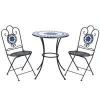Outsunny Set da Giardino 3 Pezzi con 2 Sedie Pieghevoli e 1 Tavolino Rotondo a Mosaico(m-1)